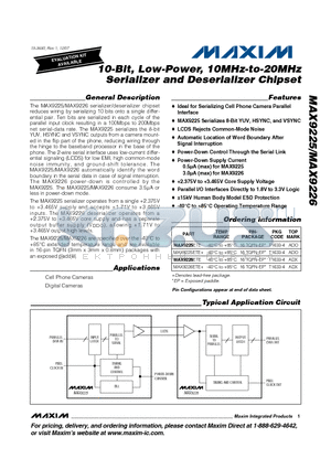 MAX9225 datasheet - 10-Bit, Low-Power, 10MHz-to-20MHz Serializer and Deserializer Chipset