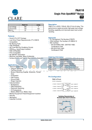 PAA110P datasheet - Single Pole OptoMOS Relays