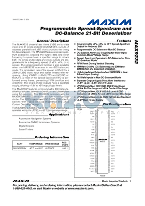 MAX9232 datasheet - Programmable Spread-Spectrum and DC-Balance 21-Bit Deserializer