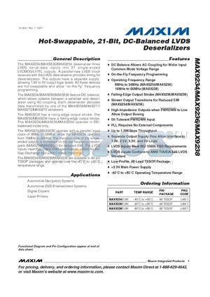 MAX9234 datasheet - Hot-Swappable, 21-Bit, DC-Balanced LVDS Deserializers