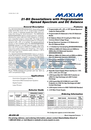 MAX9244 datasheet - 21-Bit Deserializers with Programmable Spread Spectrum and DC Balance