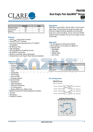 PAA190 datasheet - Dual Single Pole OptoMOS Relays