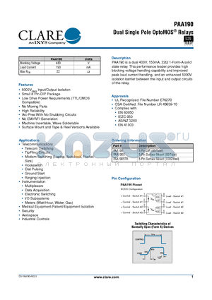 PAA190STR datasheet - Dual Single Pole OptoMOS Relays