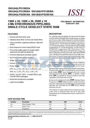 IS61LPS12832A-200TQLI datasheet - 128K x 32, 128K x 36, 256K x 18 4 Mb SYNCHRONOUS PIPELINED, SINGLE CYCLE DESELECT STATIC RAM