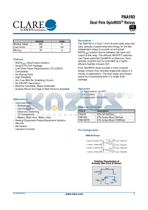 PAA193 datasheet - Dual Pole OptoMOS Relays