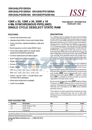 IS61LPS12836A-250TQ datasheet - 128K x 32, 128K x 36, 256K x 18 4 Mb SYNCHRONOUS PIPELINED, SINGLE CYCLE DESELECT STATIC RAM