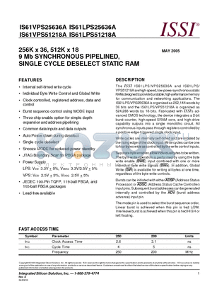 IS61LPS25636A-200TQI datasheet - 256K x 36, 512K x 18 9 Mb SYNCHRONOUS PIPELINED, SINGLE CYCLE DESELECT STATIC RAM