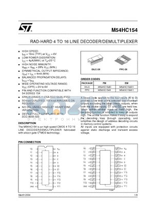 M54HC154D1 datasheet - RAD-HARD 4 TO 16 LINE DECODER/DEMULTIPLEXER