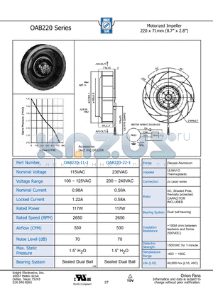 OAB220-22-1 datasheet - Motorized Impeller 220 x 71mm (8.7