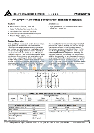 PAC002SPFQF datasheet - P/Active 1% Tolerance Seriers/Parallel Termination Network