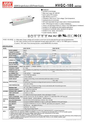 HVGC-100-700 datasheet - 100W Single Output LED Power Supply