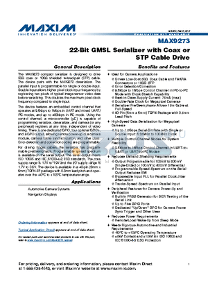 MAX9273GTL/V+ datasheet - 22-Bit GMSL Serializer with Coax or STP Cable Drive