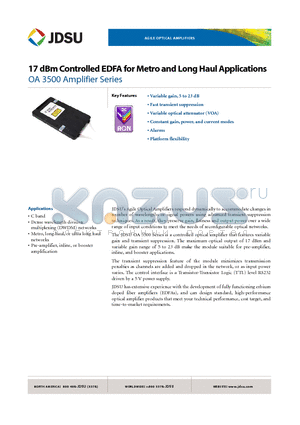 OAC-17F03500C3 datasheet - 17 dBm Controlled EDFA for Metro and Long Haul Applications