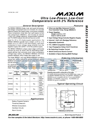MAX931-MAX934 datasheet - Ultra Low-Power, Low-Cost Comparators with 2eference