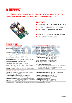 HVI08 datasheet - UNIVERSAL INPUT AC-DC OPEN FRAME DUAL OUTPUT 8 WATTS INTERNAL SWITCHING POWER SUPPLIES