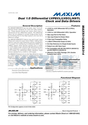 MAX9312 datasheet - Dual 1:5 Differential LVPECL/LVECL/HSTL Clock and Data Drivers