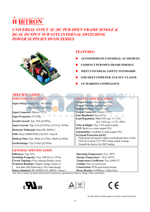 HVI10-10 datasheet - UNIVERSAL INPUT AC-DC PCB OPEN FRAME SINGLE & DUAL OUTPUT 10 WATTS INTERNAL SWITCHING POWER SUPPLIES
