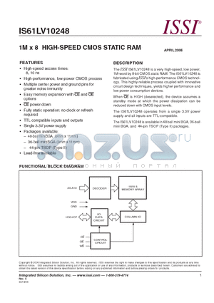 IS61LV10248-10T datasheet - 1M x 8 HIGH-SPEED CMOS STATIC RAM