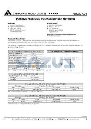 PAC27A01 datasheet - P/ACTIVE PRECISION VOLTAGE DIVIDER NETWORK