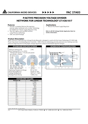 PAC27A03 datasheet - P/ACTIVE PRECISION VOLTAGE DIVIDER NETWORK FOR LINEAR TECHNOLOGY LT1430/1017