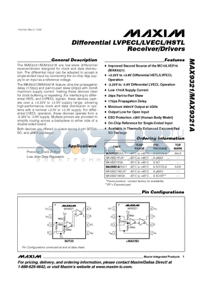 MAX9321-MAX9321A datasheet - Differential LVPECL/LVECL/HSTL Receiver/Drivers