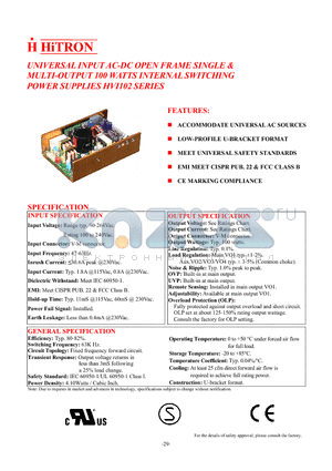 HVI102-14 datasheet - UNIVERSAL INPUT AC-DC OPEN FRAME SINGLE & MULTI-OUTPUT 100 WATTS INTERNAL SWITCHING POWER SUPPLIES