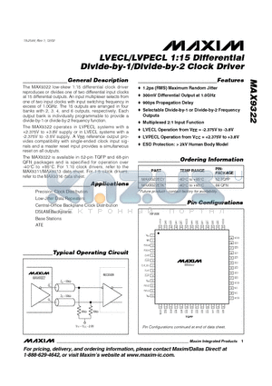 MAX9322ECY datasheet - LVECL/LVPECL 1:15 Differential Divide-by-1/Divide-by-2 Clock Driver