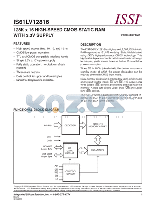 IS61LV12816-12TI datasheet - 128K x 16 HIGH-SPEED CMOS STATIC RAM WITH 3.3V SUPPLY