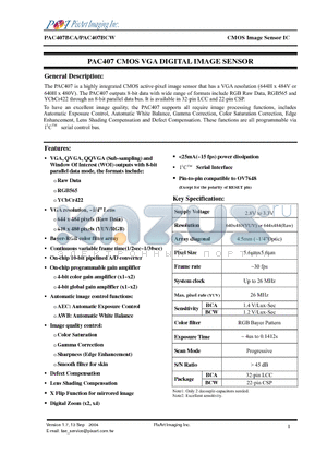PAC407BCA datasheet - CMOS VGA DIGITAL IMAGE SENSOR