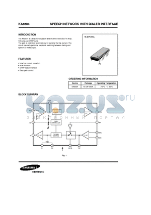 KA8504 datasheet - SPEECH NETWORK WITH DIALER INTERFACE