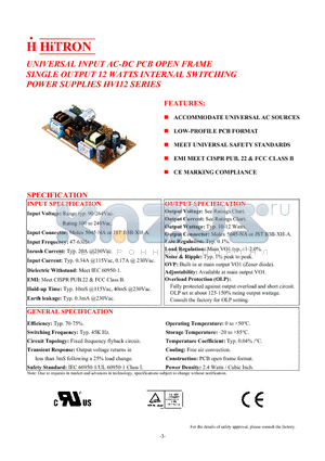 HVI12-12010 datasheet - UNIVERSAL INPUT AC-DC PCB OPEN FRAME SINGLE OUTPUT 12 WATTS INTERNAL SWITCHING POWER SUPPLIES