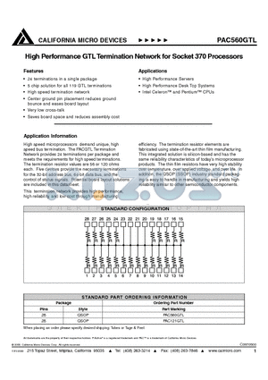 PAC560GTL datasheet - HIGH PERFORMANCE GTL TERMINATION NETWORK FOR SOCKET 370 PROCESSORS