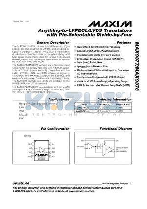 MAX9378 datasheet - Anything-to-LVPECL/LVDS Translators with Pin-Selectable Divide-by-Four