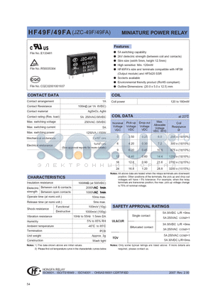 HF49F/006-1H2GBXXX datasheet - MINIATURE POWER RELAY