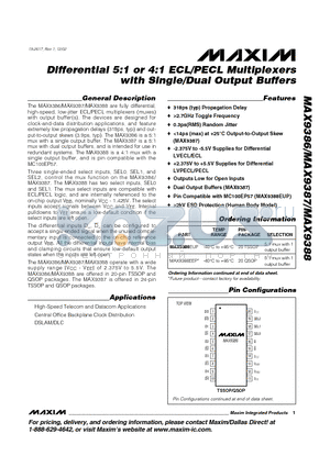 MAX9388 datasheet - Differential 5:1 or 4:1 ECL/PECL Multiplexers with Single/Dual Output Buffers
