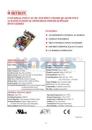 HVI14-Q033EKK datasheet - UNIVERSAL INPUT AC-DC PCB OPEN FRAME QUAD OUTPUT 14 WATTS INTERNAL SWITCHING POWER SUPPLIES