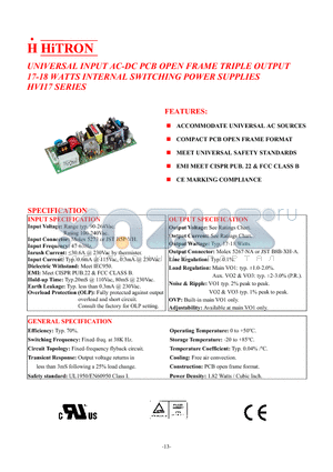 HVI17-33 datasheet - UNIVERSAL INPUT AC-DC PCB OPEN FRAME TRIPLE OUTPUT 17-18 WATTS INTERNAL SWITCHING POWER SUPPLIES