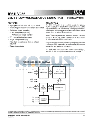 IS61LV256-12T datasheet - 32K x 8 LOW VOLTAGE CMOS STATIC RAM