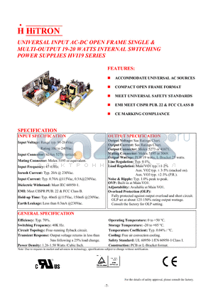 HVI19-31 datasheet - UNIVERSAL INPUT AC-DC OPEN FRAME SINGLE & MULTI-OUTPUT 19-20 WATTS INTERNAL SWITCHING POWER SUPPLIES