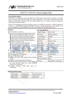 PAC7311PE datasheet - VGA PC Camera Single-Chip