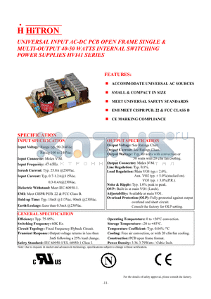 HVI41-13 datasheet - UNIVERSAL INPUT AC-DC PCB OPEN FRAME SINGLE & MULTI-OUTPUT 40-50 WATTS INTERNAL SWITCHING POWER SUPPLIES