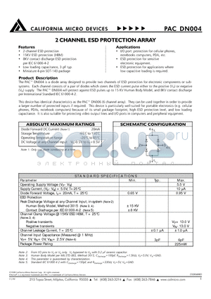 PACDN004 datasheet - 2 CHANNEL ESD PROTECTION ARRAY