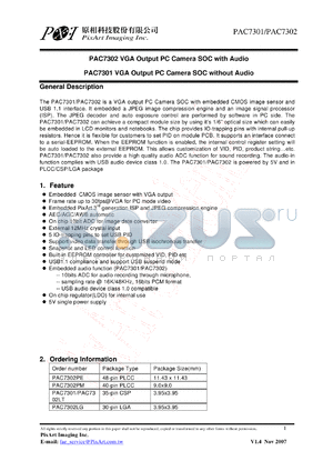 PAC7302PM datasheet - PAC7302 VGA Output PC Camera SOC with Audio PAC7301 VGA Output PC Camera SOC without Audio