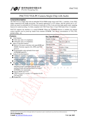 PAC7332 datasheet - VGA PC Camera Single-Chip with Audio