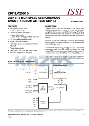 IS61LV25616-12LQI datasheet - 256K x 16 HIGH SPEED ASYNCHRONOUS CMOS STATIC RAM WITH 3.3V SUPPLY