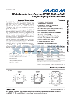 MAX941AUA-T datasheet - High-Speed, Low-Power, 3V/5V, Rail-to-Rail, Single-Supply Comparators
