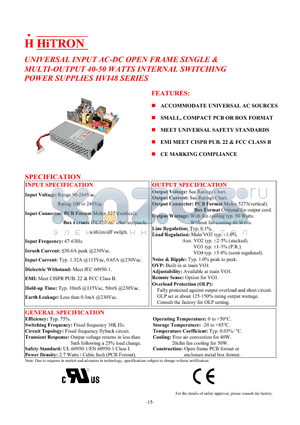 HVI48-31 datasheet - UNIVERSAL INPUT AC-DC OPEN FRAME SINGLE & MULTI-OUTPUT 40-50 WATTS INTERNAL SWITCHING POWER SUPPLIES