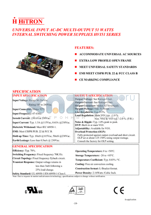 HVI51-20 datasheet - UNIVERSAL INPUT AC-DC MULTI-OUTPUT 51 WATTS INTERNAL SWITCHING POWER SUPPLIES