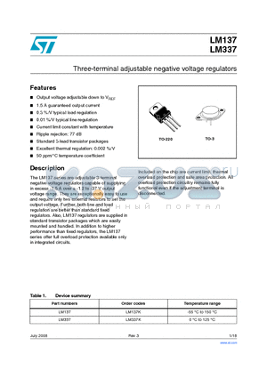 LM337 datasheet - Three-terminal adjustable negative voltage regulators