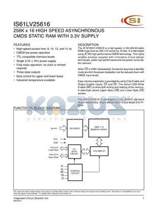 IS61LV25616-8BI datasheet - 256 X 16 HIGH SPEED ASYNCHRONOUS CMOS STATIC RAM WITH 3.3V SUPPLY